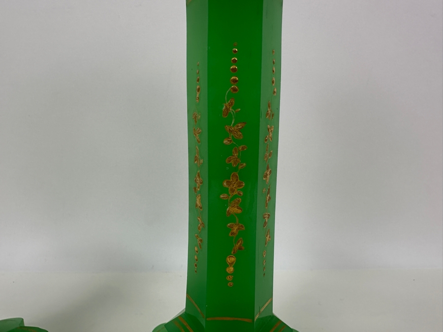 Antique Opaline Glass: Pair Of Biedermeier Green Candlesticks With Gold Accents 9.5'H Appraised $2,500 [Photo 7]