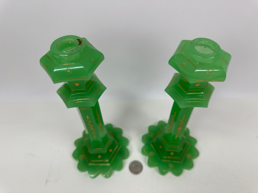 Antique Opaline Glass: Pair Of Biedermeier Green Candlesticks With Gold Accents 9.5'H Appraised $2,500 [Photo 5]