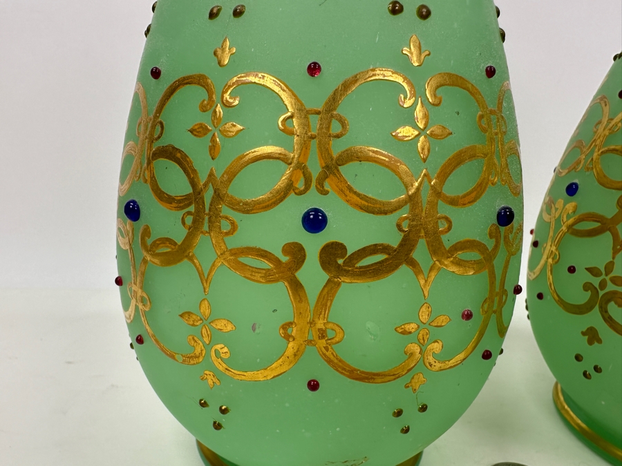 Antique Opaline Glass: Pair Of Green Vases With Heavy Gold Accents And Applied Decorations 10'H Appraised $300 [Photo 3]