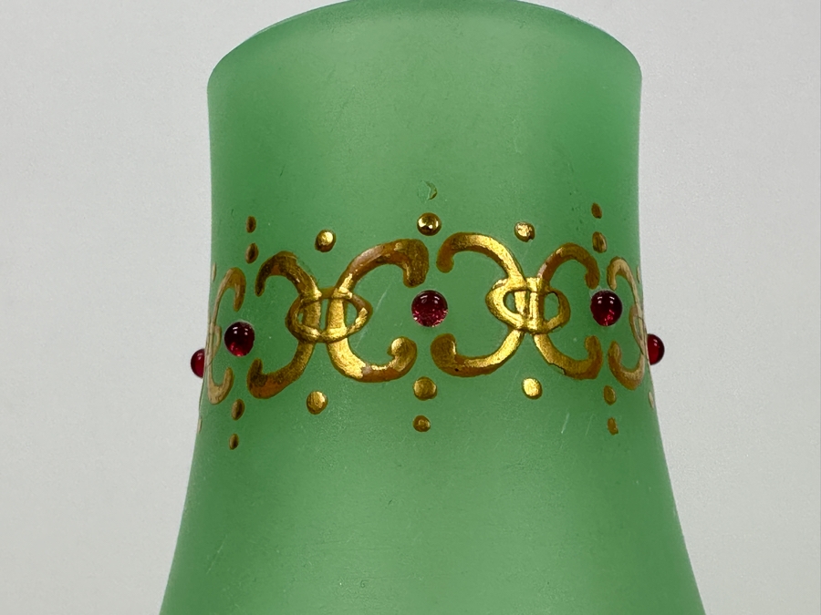 Antique Opaline Glass: Pair Of Green Vases With Heavy Gold Accents And Applied Decorations 10'H Appraised $300 [Photo 4]