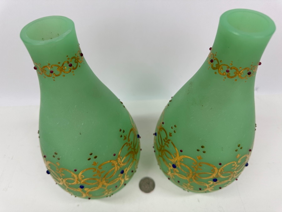 Antique Opaline Glass: Pair Of Green Vases With Heavy Gold Accents And Applied Decorations 10'H Appraised $300 [Photo 5]