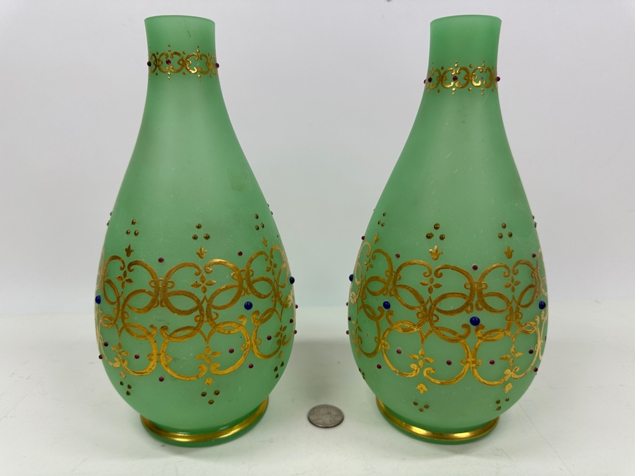 Antique Opaline Glass: Pair Of Green Vases With Heavy Gold Accents And Applied Decorations 10'H Appraised $300 [Photo 8]