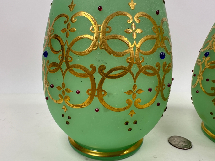 Antique Opaline Glass: Pair Of Green Vases With Heavy Gold Accents And Applied Decorations 10'H Appraised $300 [Photo 7]