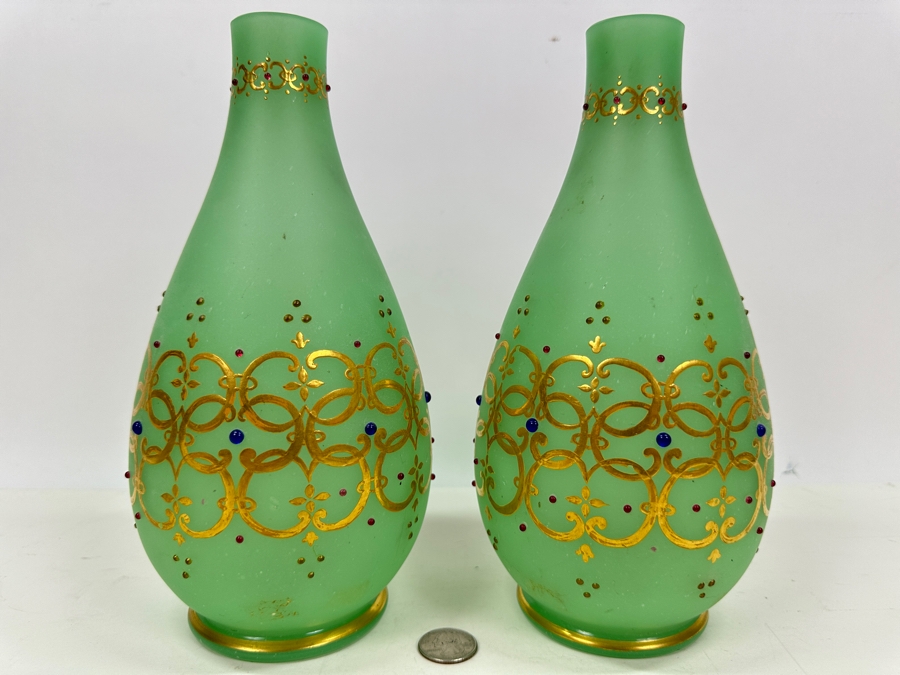 Antique Opaline Glass: Pair Of Green Vases With Heavy Gold Accents And Applied Decorations 10'H Appraised $300 [Photo 2]