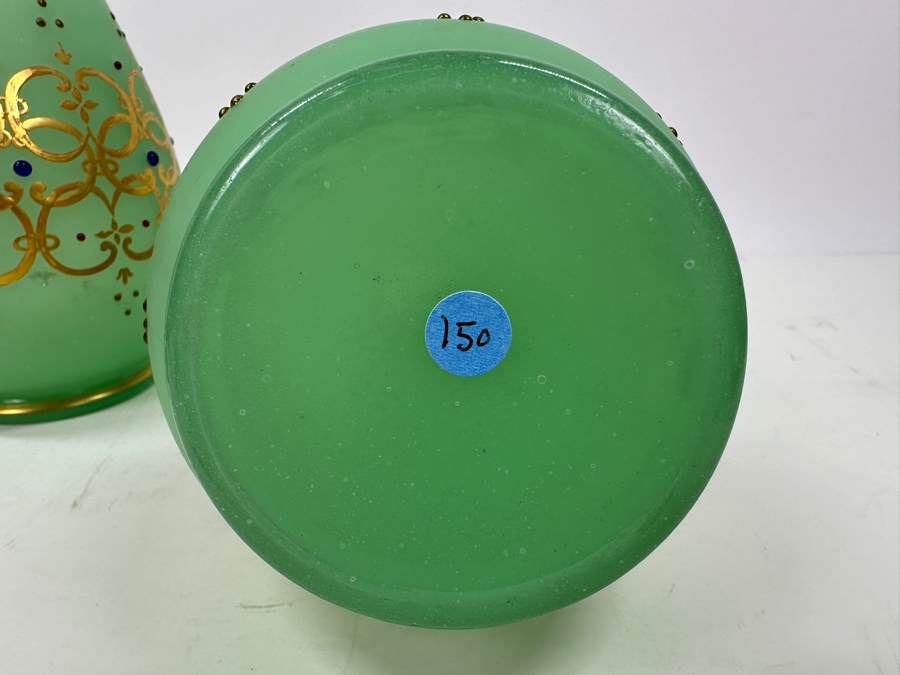 Antique Opaline Glass: Pair Of Green Vases With Heavy Gold Accents And Applied Decorations 10'H Appraised $300 [Photo 12]