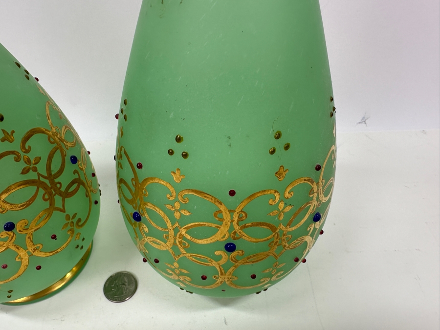 Antique Opaline Glass: Pair Of Green Vases With Heavy Gold Accents And Applied Decorations 10'H Appraised $300 [Photo 6]