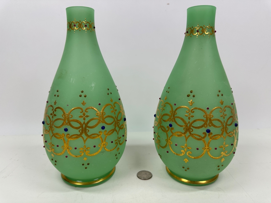 Antique Opaline Glass: Pair Of Green Vases With Heavy Gold Accents And Applied Decorations 10'H Appraised $300 [Photo 9]