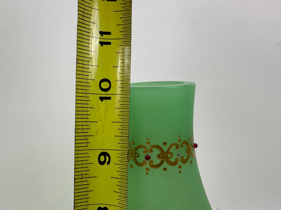 Antique Opaline Glass: Pair Of Green Vases With Heavy Gold Accents And Applied Decorations 10'H Appraised $300 [Photo 11]