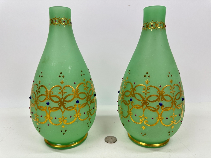 Antique Opaline Glass: Pair Of Green Vases With Heavy Gold Accents And Applied Decorations 10'H Appraised $300 [Photo 10]