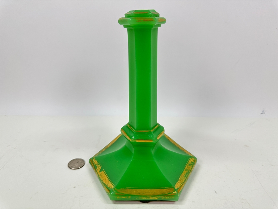 Antique Opaline Glass: Apple Green Candle Holder 8.25'H Appraised $275 [Photo 2]