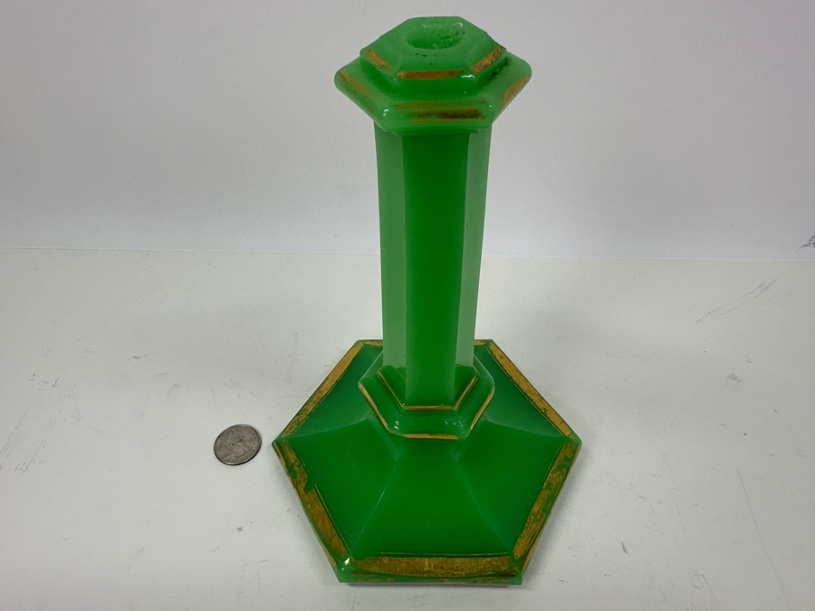 Antique Opaline Glass: Apple Green Candle Holder 8.25'H Appraised $275 [Photo 3]