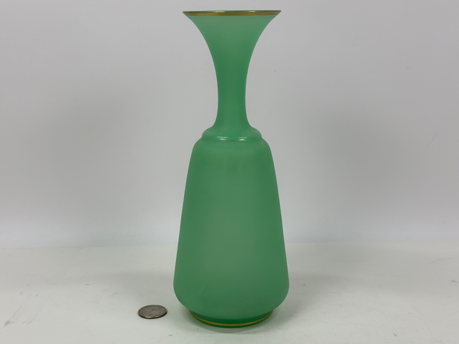 Antique Opaline Glass: Green Vase With Gold Trim 9.75'H Appraised $90 [Photo 3]