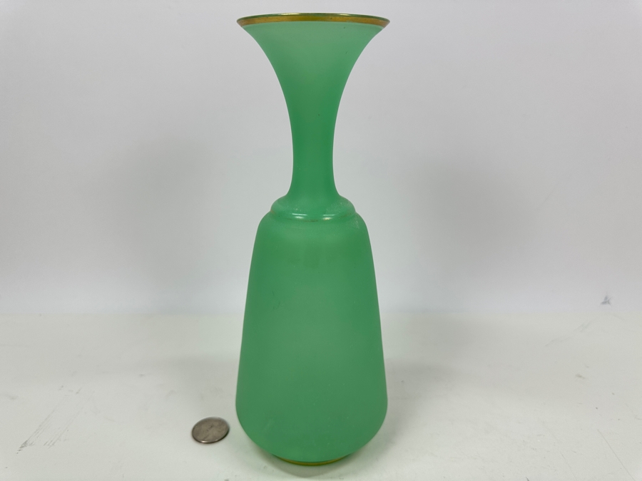 Antique Opaline Glass: Green Vase With Gold Trim 9.75'H Appraised $90 [Photo 2]