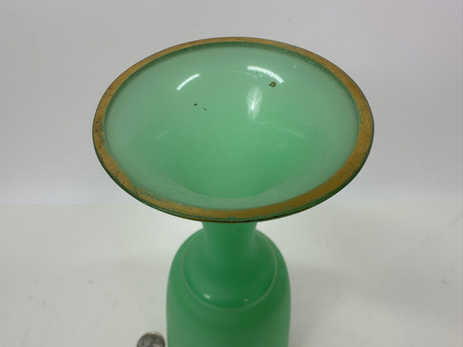 Antique Opaline Glass: Green Vase With Gold Trim 9.75'H Appraised $90 [Photo 5]