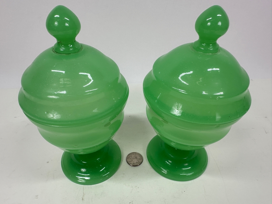 Antique Opaline Glass: Pair Of Green Footed Jars With Lids 8'H Appraised $220 [Photo 3]