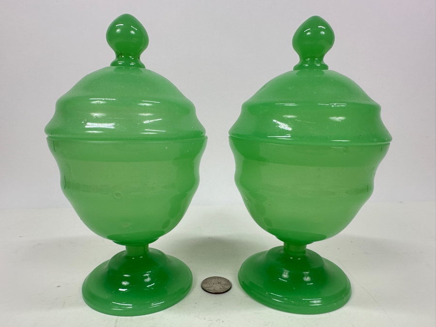 Antique Opaline Glass: Pair Of Green Footed Jars With Lids 8'H Appraised $220 [Photo 2]
