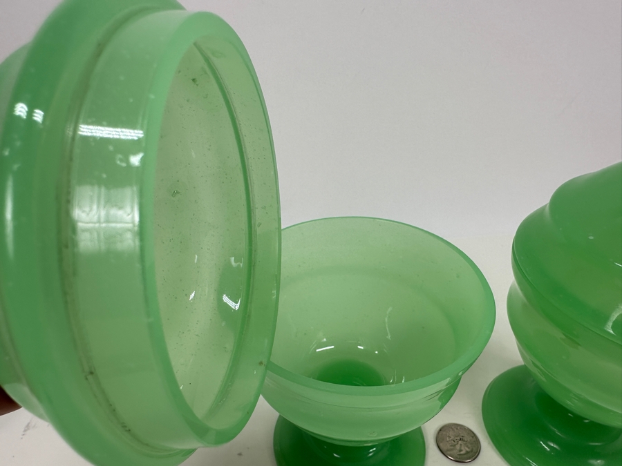 Antique Opaline Glass: Pair Of Green Footed Jars With Lids 8'H Appraised $220 [Photo 5]