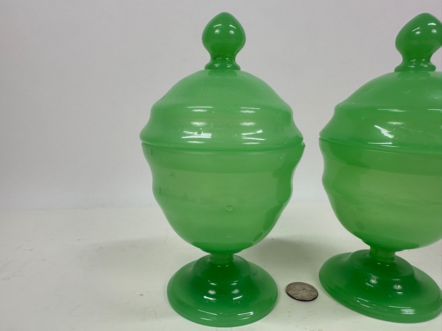 Antique Opaline Glass: Pair Of Green Footed Jars With Lids 8'H Appraised $220 [Photo 4]