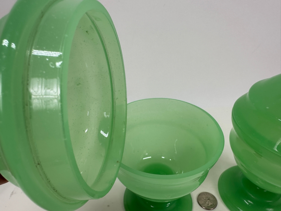 Antique Opaline Glass: Pair Of Green Footed Jars With Lids 8'H Appraised $220 [Photo 6]