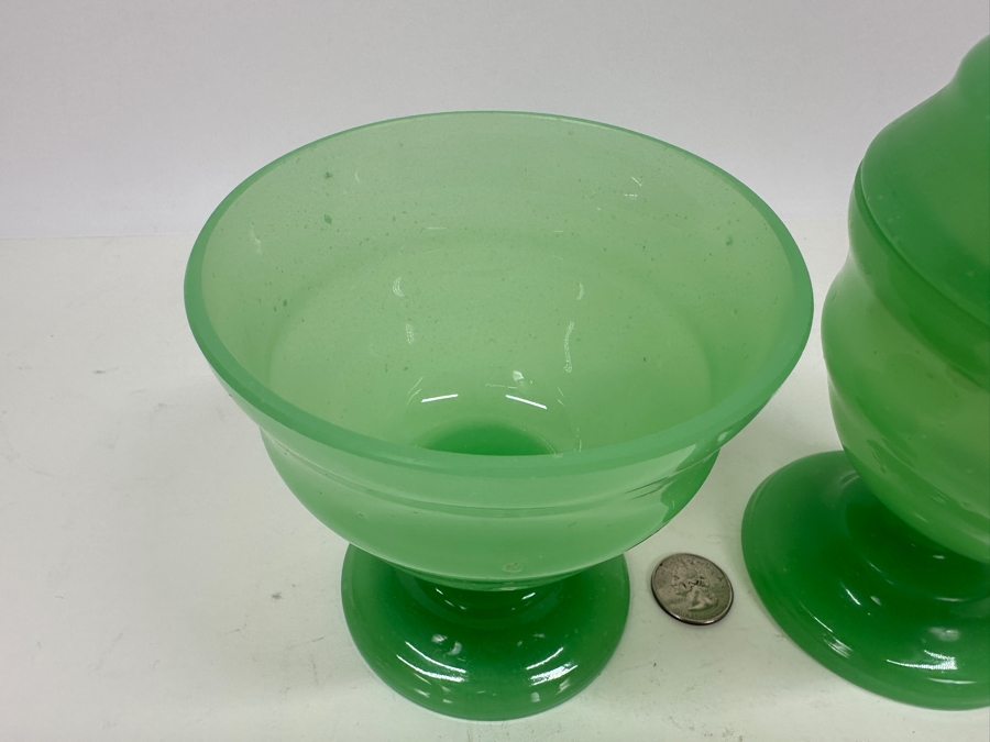 Antique Opaline Glass: Pair Of Green Footed Jars With Lids 8'H Appraised $220 [Photo 8]