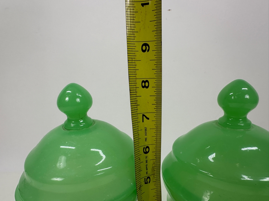 Antique Opaline Glass: Pair Of Green Footed Jars With Lids 8'H Appraised $220 [Photo 9]