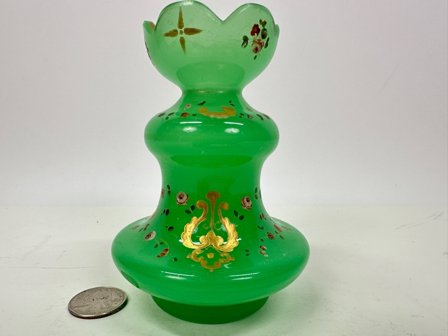 Antique Opaline Glass: Hand Painted Green Perfume Bottle Without Stopper 4.5'H Appraised $75 [Photo 2]