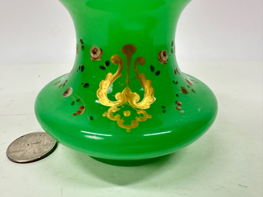 Antique Opaline Glass: Hand Painted Green Perfume Bottle Without Stopper 4.5'H Appraised $75 [Photo 3]