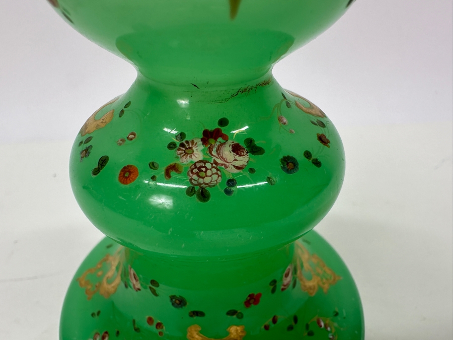 Antique Opaline Glass: Hand Painted Green Perfume Bottle Without Stopper 4.5'H Appraised $75 [Photo 7]