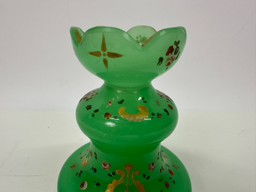 Antique Opaline Glass: Hand Painted Green Perfume Bottle Without Stopper 4.5'H Appraised $75 [Photo 4]