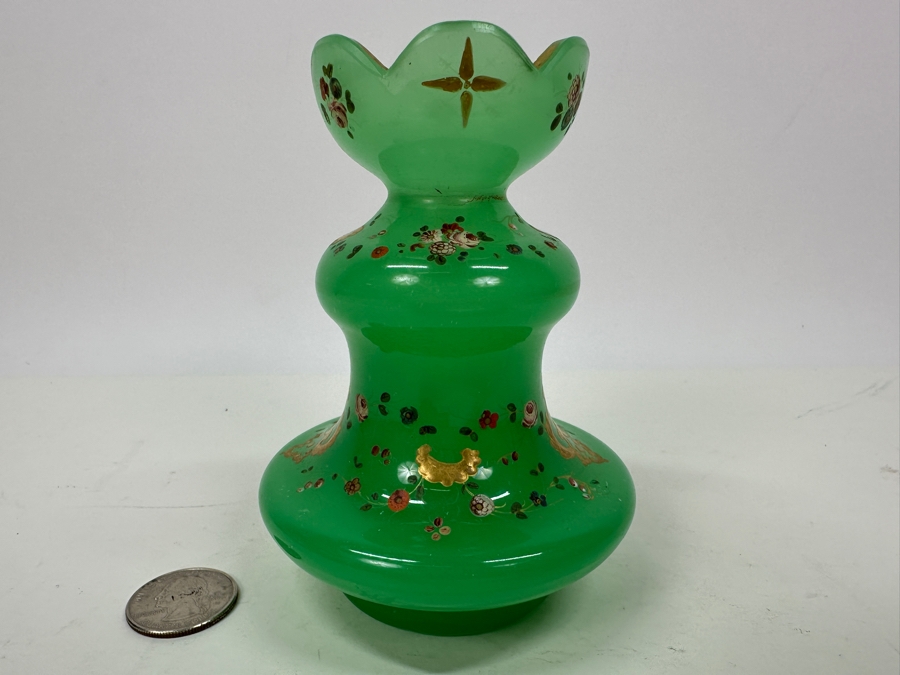 Antique Opaline Glass: Hand Painted Green Perfume Bottle Without Stopper 4.5'H Appraised $75 [Photo 6]