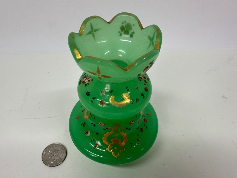Antique Opaline Glass: Hand Painted Green Perfume Bottle Without Stopper 4.5'H Appraised $75 [Photo 5]