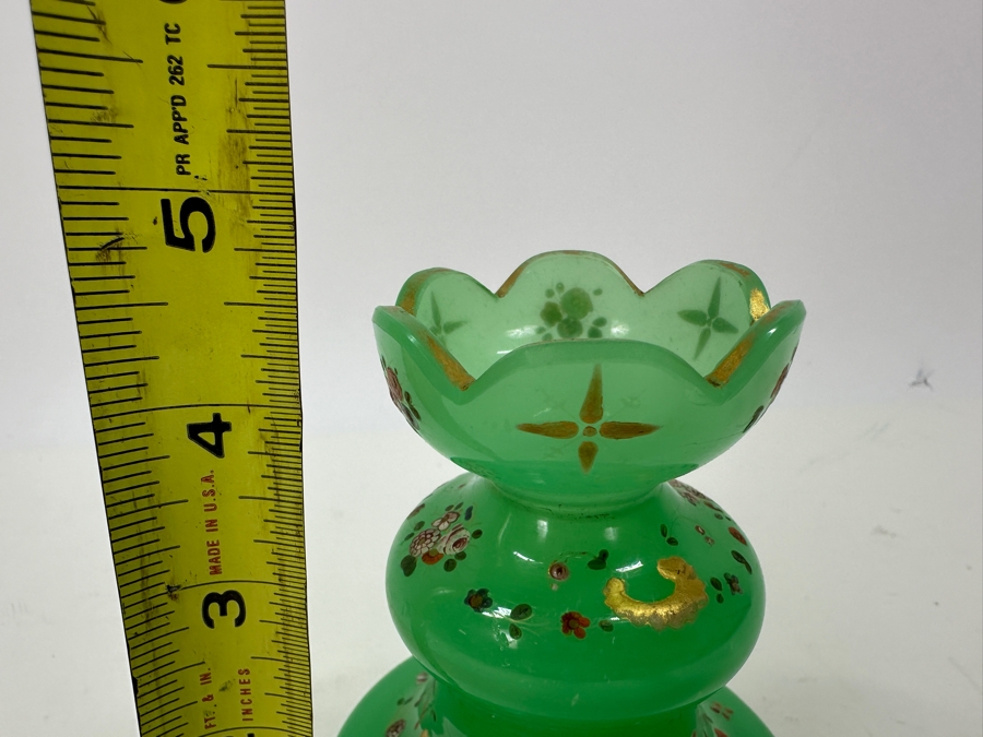Antique Opaline Glass: Hand Painted Green Perfume Bottle Without Stopper 4.5'H Appraised $75 [Photo 9]