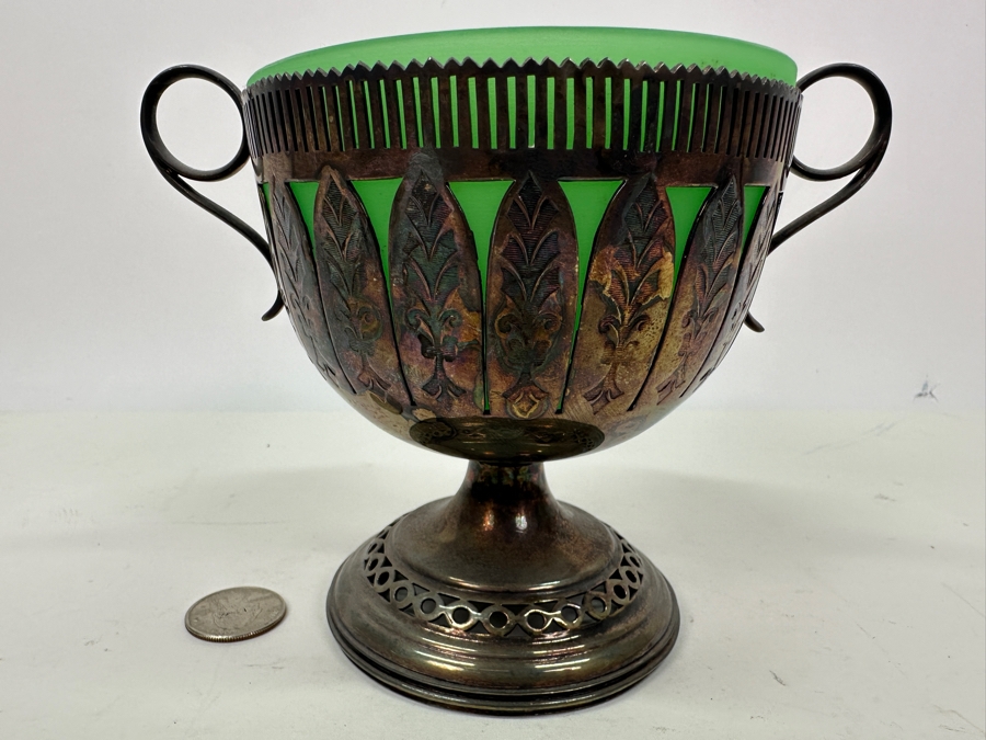 Antique Opaline Glass: Silverplate Perforated Footed Cup With Green Cup Insert 5'H [Photo 2]