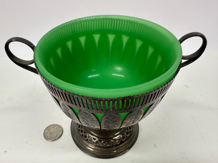 Antique Opaline Glass: Silverplate Perforated Footed Cup With Green Cup Insert 5'H [Photo 4]