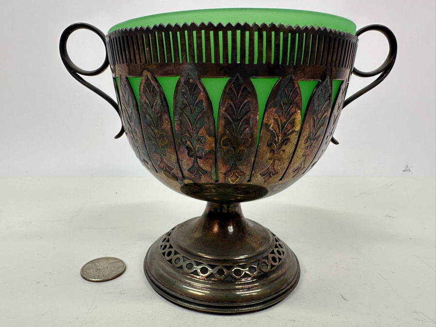 Antique Opaline Glass: Silverplate Perforated Footed Cup With Green Cup Insert 5'H [Photo 3]
