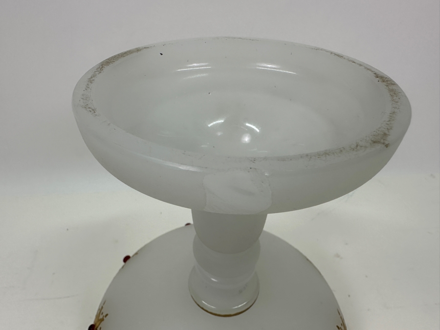 Antique Opaline Glass: White Open Compote With Red Decor Chip In Base & Rim 6.5'H X 6.75'H Appraised $50 [Photo 10]