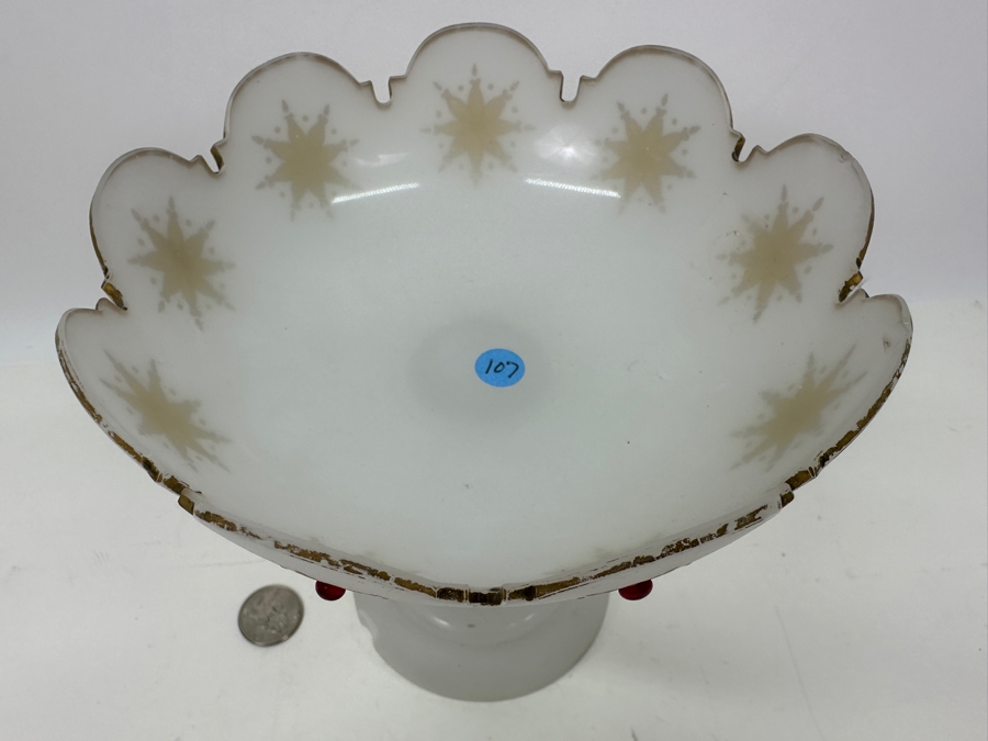 Antique Opaline Glass: White Open Compote With Red Decor Chip In Base & Rim 6.5'H X 6.75'H Appraised $50 [Photo 7]