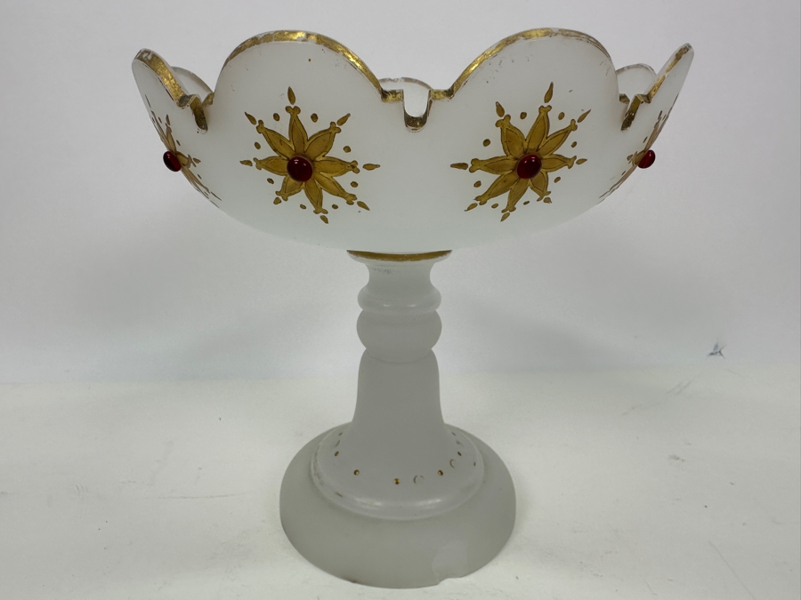 Antique Opaline Glass: White Open Compote With Red Decor Chip In Base & Rim 6.5'H X 6.75'H Appraised $50 [Photo 4]