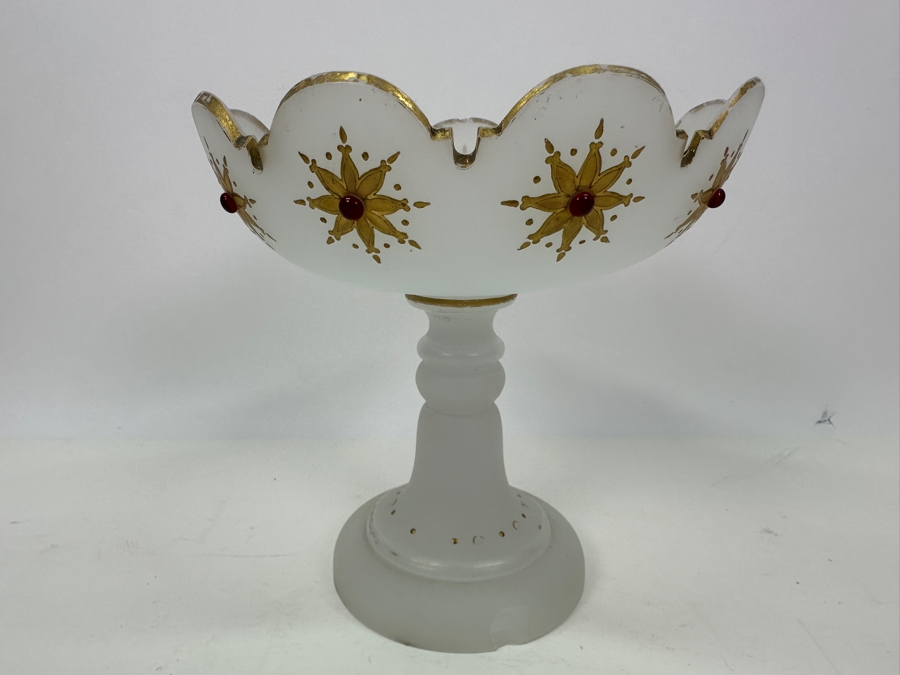 Antique Opaline Glass: White Open Compote With Red Decor Chip In Base & Rim 6.5'H X 6.75'H Appraised $50 [Photo 2]