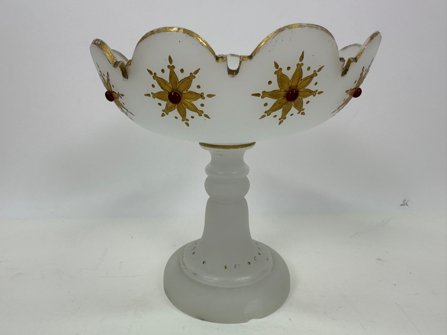 Antique Opaline Glass: White Open Compote With Red Decor Chip In Base & Rim 6.5'H X 6.75'H Appraised $50 [Photo 3]