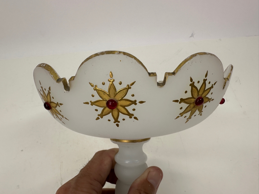 Antique Opaline Glass: White Open Compote With Red Decor Chip In Base & Rim 6.5'H X 6.75'H Appraised $50 [Photo 14]
