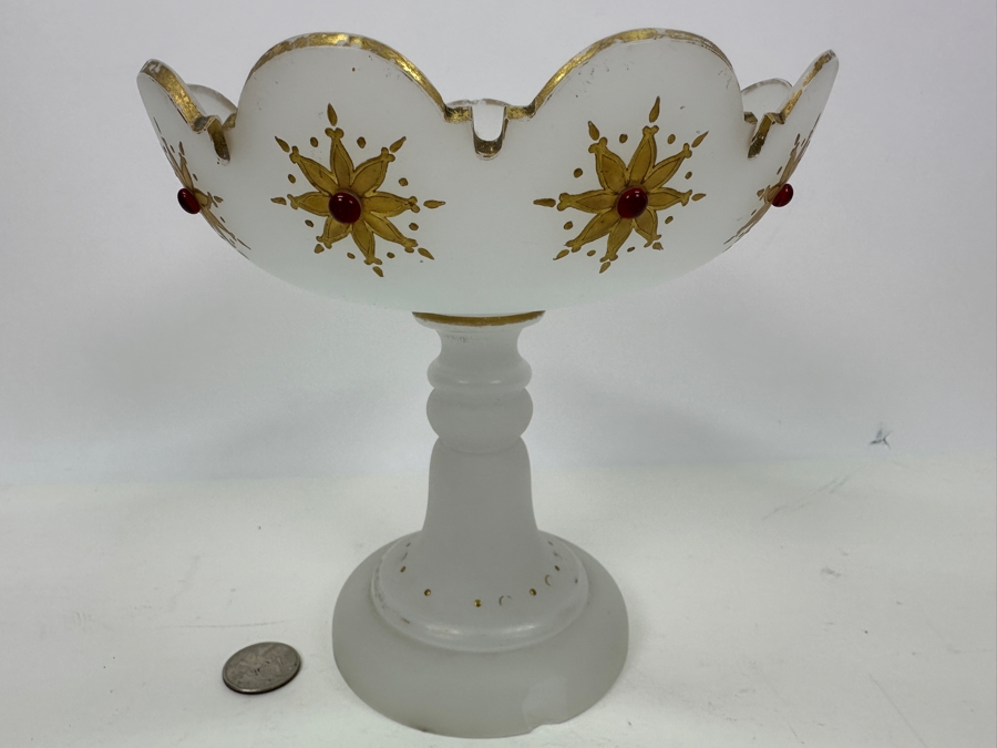 Antique Opaline Glass: White Open Compote With Red Decor Chip In Base & Rim 6.5'H X 6.75'H Appraised $50 [Photo 5]