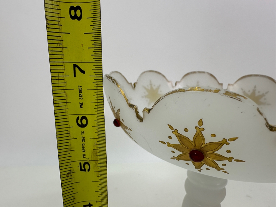 Antique Opaline Glass: White Open Compote With Red Decor Chip In Base & Rim 6.5'H X 6.75'H Appraised $50 [Photo 12]