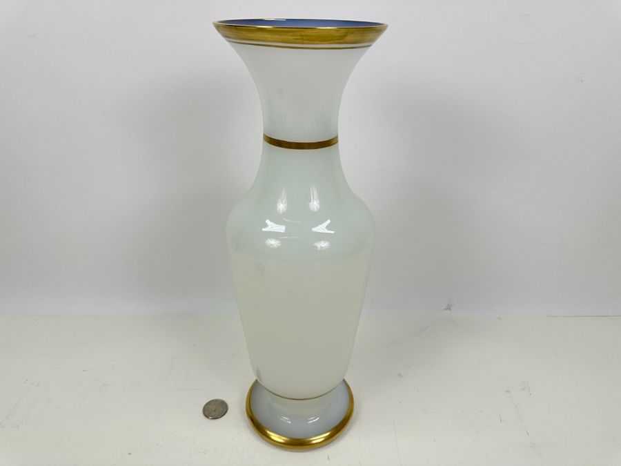 Antique Opaline Glass: Tall White Vase With Gold Trim 13.5'H Appraised $150 [Photo 3]