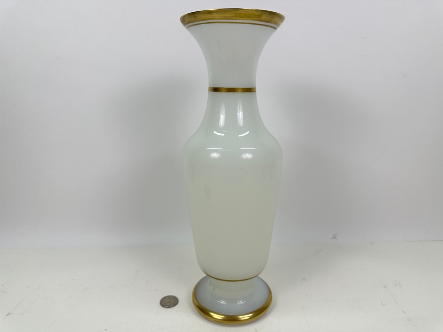 Antique Opaline Glass: Tall White Vase With Gold Trim 13.5'H Appraised $150 [Photo 5]