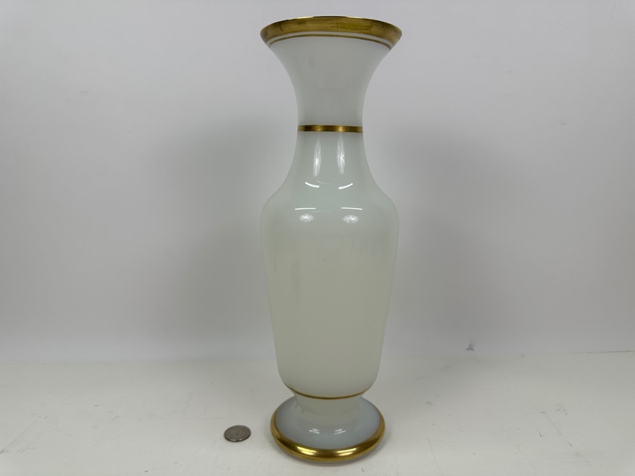 Antique Opaline Glass: Tall White Vase With Gold Trim 13.5'H Appraised $150 [Photo 2]