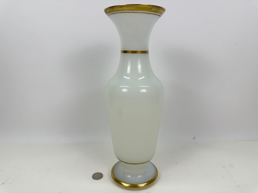 Antique Opaline Glass: Tall White Vase With Gold Trim 13.5'H Appraised $150 [Photo 4]