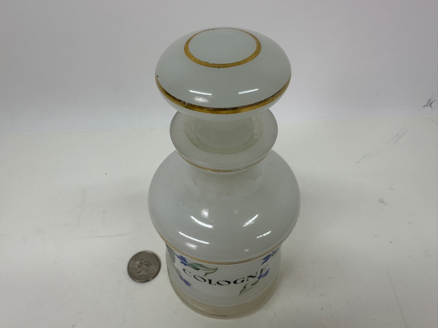 Antique Opaline Glass: White Hand Painted Perfume Cologne Bottle With Stopper 6.75'H [Photo 3]