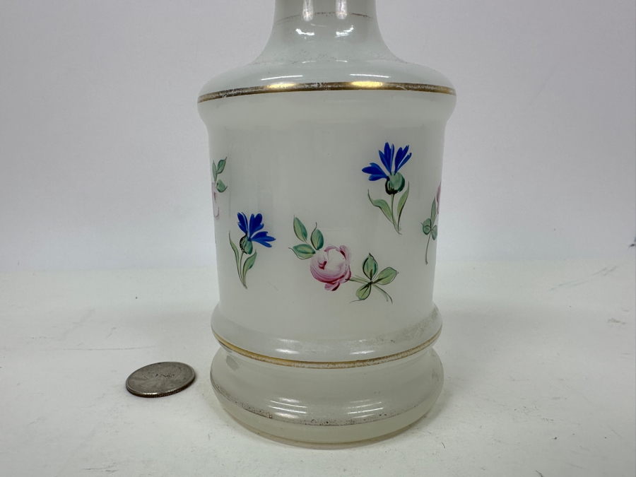 Antique Opaline Glass: White Hand Painted Perfume Cologne Bottle With Stopper 6.75'H [Photo 6]