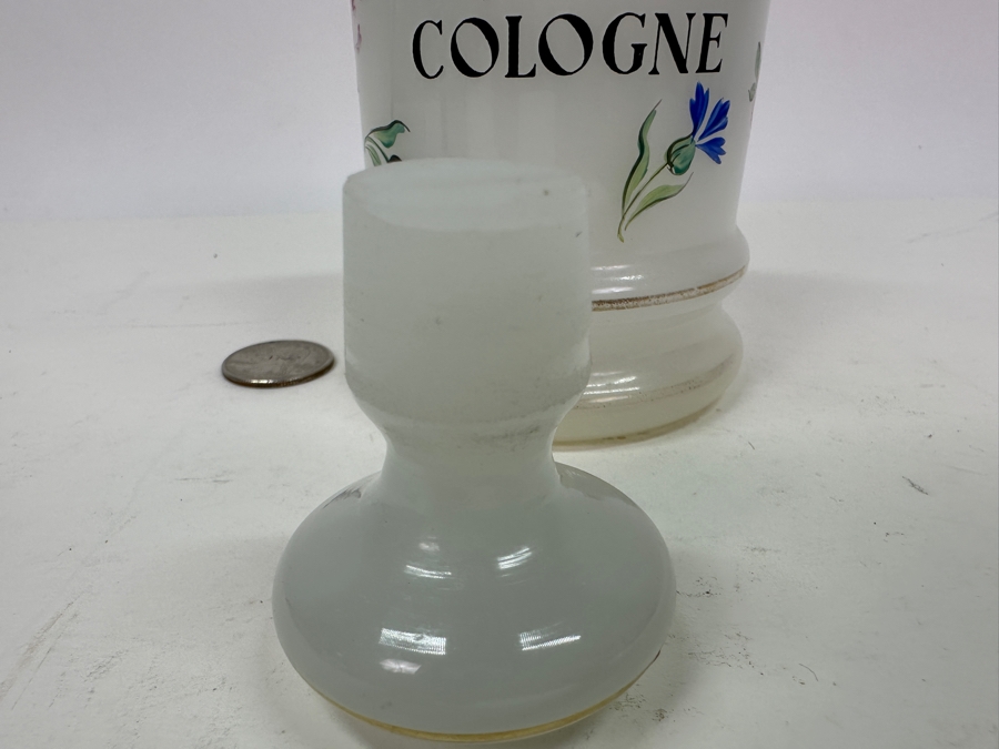 Antique Opaline Glass: White Hand Painted Perfume Cologne Bottle With Stopper 6.75'H [Photo 4]